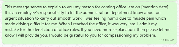 Explanation Message for Being Late Due to Sickness