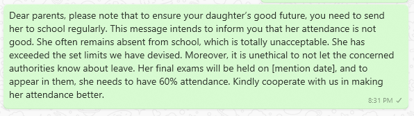 Message to Parents for Short Attendance