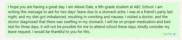Stomachache Excuse Message for Student