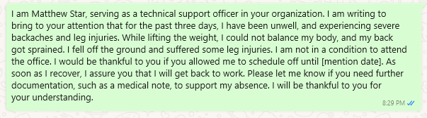 Excuse Message to Boss Due to Chronic Pain Condition
