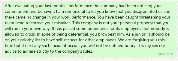 Warning message to employee for performance